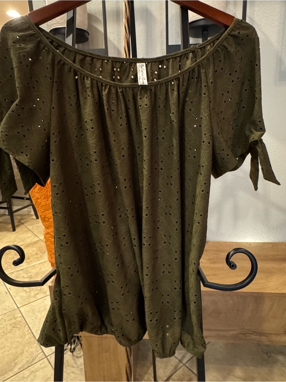 PerSeption Concept Olive Eyelet Tie-Sleeve Blouse